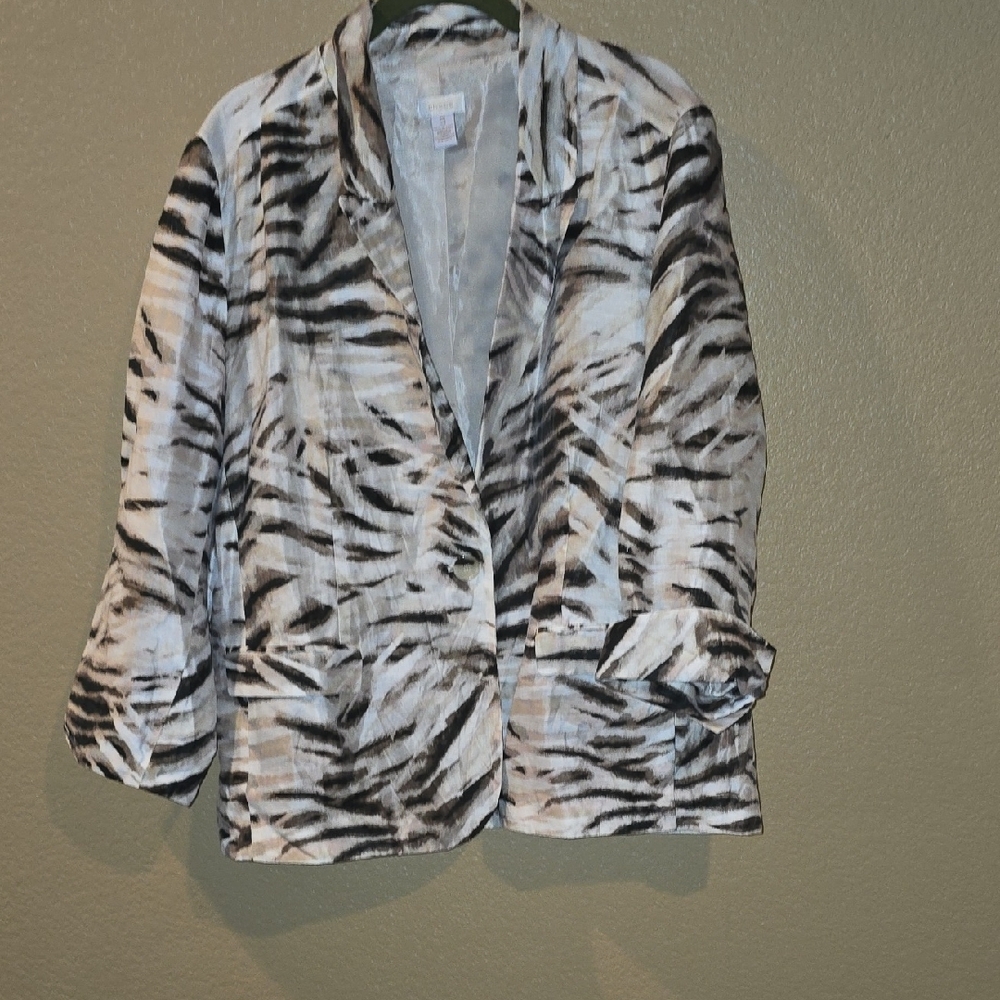 CHICOS Women's Lined Black and White/Tan Print Blazer Size 3/XL
